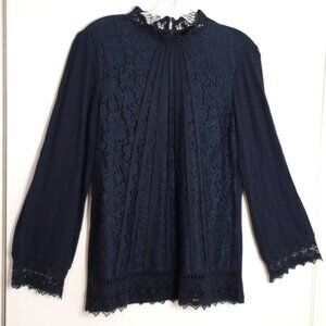 Chico's Navy Lace Front High Neck Whimsigoth top